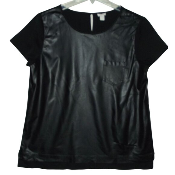 J. Crew Faux Leather Tee Womens Size L Black Short Sleeve Top pocket - Picture 2 of 14